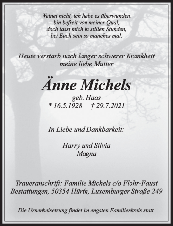 Anzeige von Änne Michels von  Wochenende 