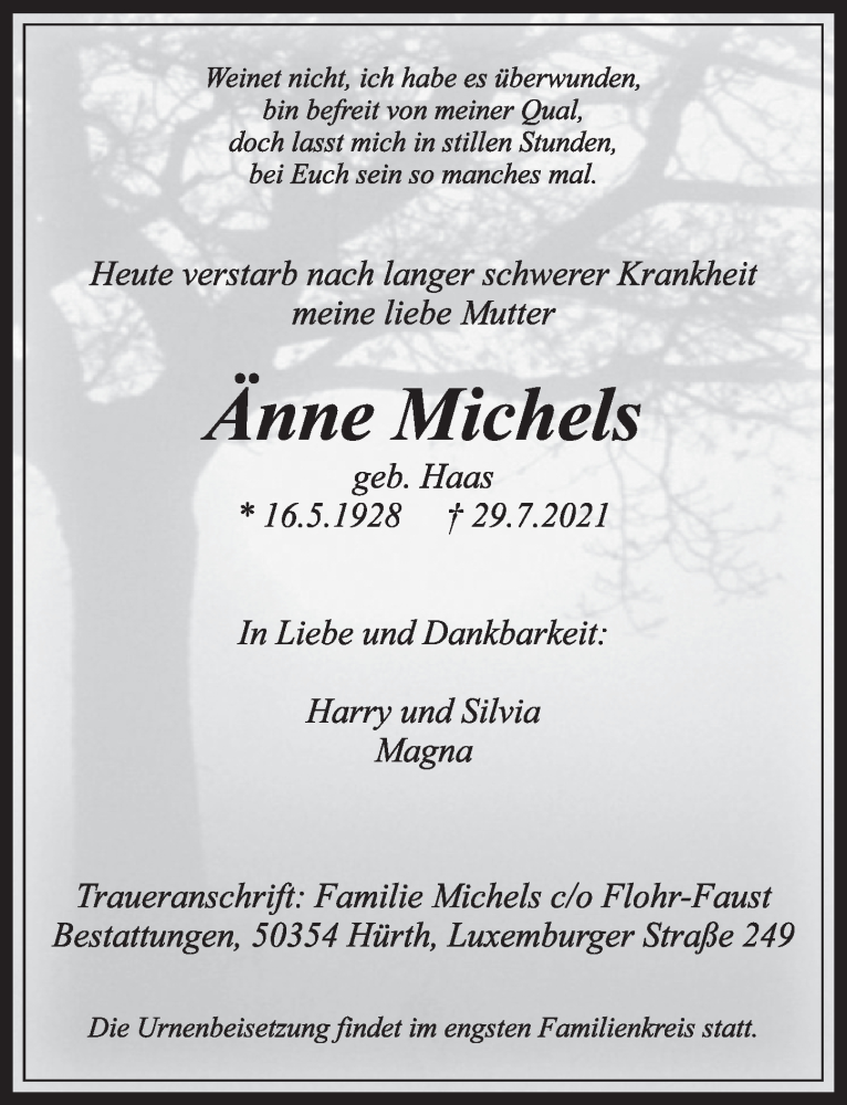  Traueranzeige für Änne Michels vom 06.08.2021 aus  Wochenende 