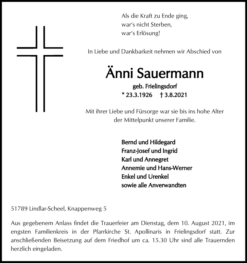  Traueranzeige für Änni Sauermann vom 07.08.2021 aus Kölner Stadt-Anzeiger / Kölnische Rundschau / Express