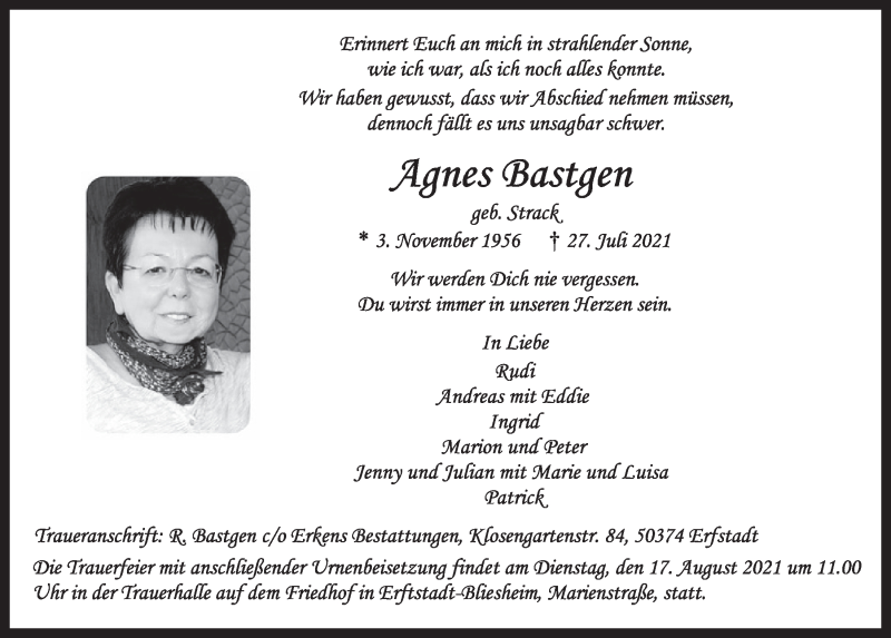  Traueranzeige für Agnes Bastgen vom 06.08.2021 aus  Werbepost 