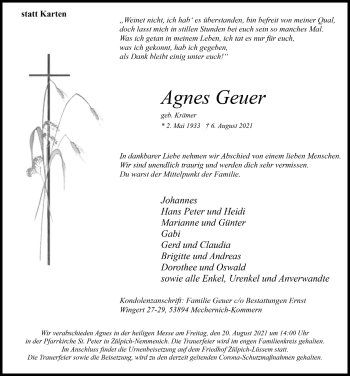 Anzeige von Agnes Geuer von  Blickpunkt Euskirchen 