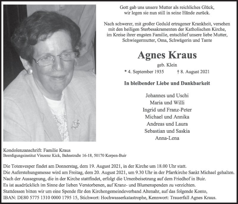  Traueranzeige für Agnes Kraus vom 13.08.2021 aus  Werbepost 