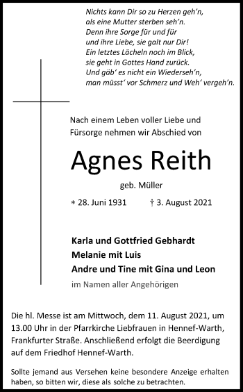 Anzeige von Agnes Reith von Kölner Stadt-Anzeiger / Kölnische Rundschau / Express