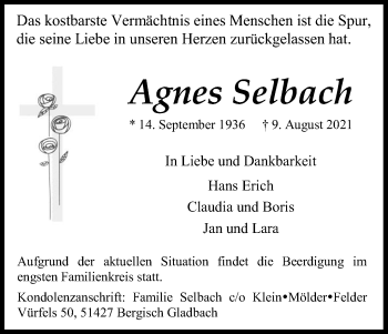 Anzeige von Agnes Selbach von Kölner Stadt-Anzeiger / Kölnische Rundschau / Express