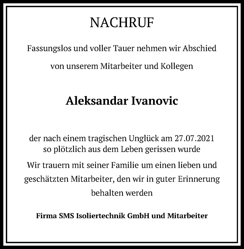  Traueranzeige für Aleksandar Ivanovic vom 03.08.2021 aus Kölner Stadt-Anzeiger / Kölnische Rundschau / Express