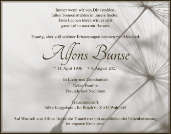 Anzeige von Alfons Bunse von  Lokalanzeiger 