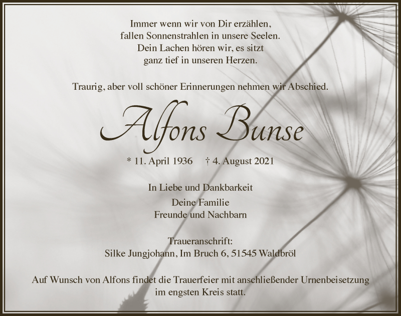  Traueranzeige für Alfons Bunse vom 13.08.2021 aus  Lokalanzeiger 