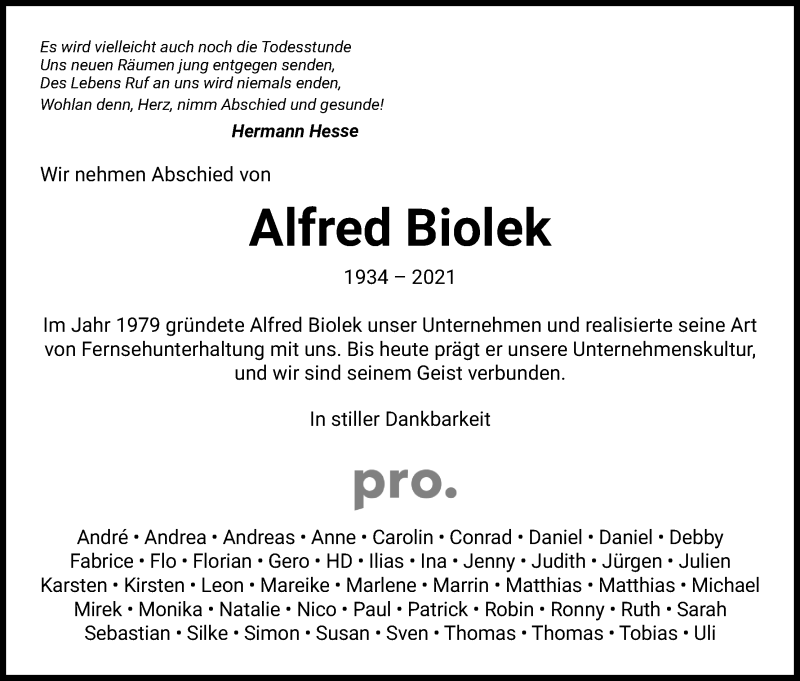  Traueranzeige für Alfred Biolek vom 09.08.2021 aus Kölner Stadt-Anzeiger / Kölnische Rundschau / Express