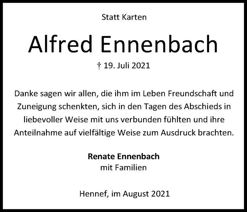  Traueranzeige für Alfred Ennenbach vom 14.08.2021 aus Kölner Stadt-Anzeiger / Kölnische Rundschau / Express