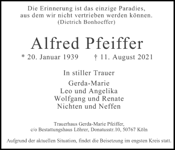 Anzeige von Alfred Pfeiffer von Kölner Stadt-Anzeiger / Kölnische Rundschau / Express