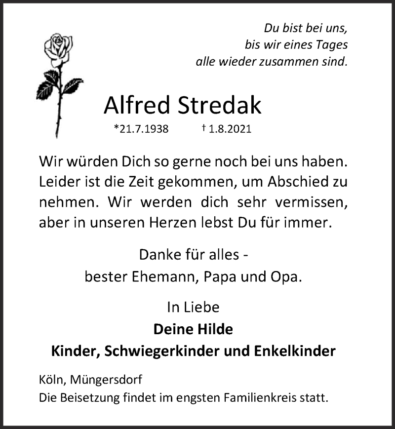  Traueranzeige für Alfred Stredak vom 13.08.2021 aus  Kölner Wochenspiegel 