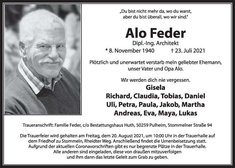  Traueranzeige für Alo Feder vom 13.08.2021 aus  Wochenende 