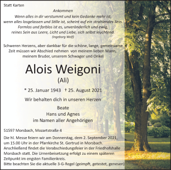 Anzeige von Alois Weigoni von Kölner Stadt-Anzeiger / Kölnische Rundschau / Express