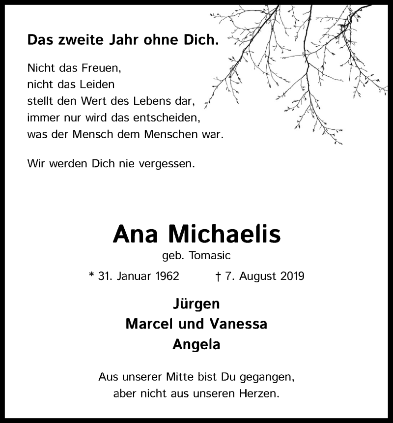  Traueranzeige für Ana Michaelis vom 07.08.2021 aus Kölner Stadt-Anzeiger / Kölnische Rundschau / Express
