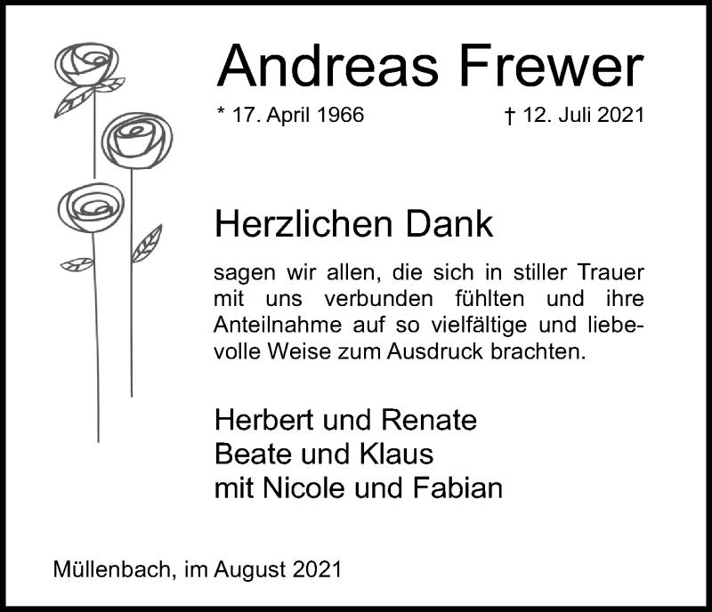  Traueranzeige für Andreas Frewer vom 21.08.2021 aus Kölner Stadt-Anzeiger / Kölnische Rundschau / Express