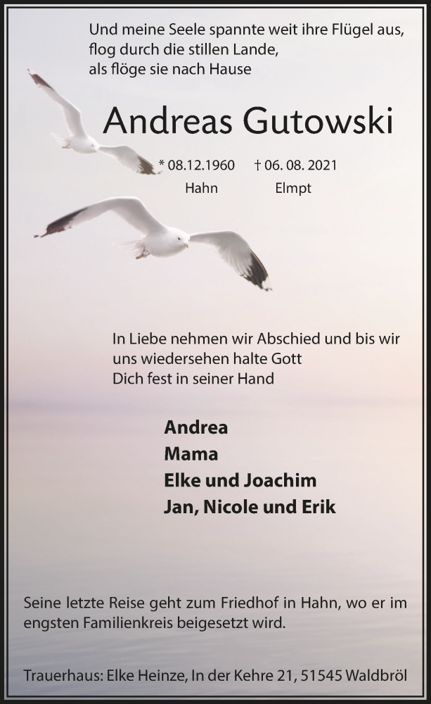  Traueranzeige für Andreas Gutowski vom 20.08.2021 aus  Lokalanzeiger 