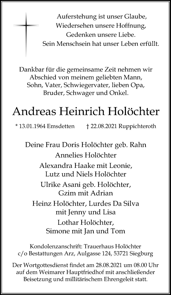 Traueranzeige für Andreas Heinrich Holöchter vom 26.08.2021 aus Kölner Stadt-Anzeiger / Kölnische Rundschau / Express