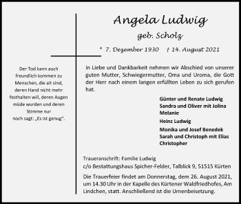 Anzeige von Angela Ludwig von Kölner Stadt-Anzeiger / Kölnische Rundschau / Express