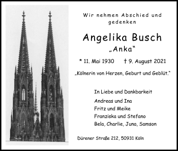 Anzeige von Angelika Busch von Kölner Stadt-Anzeiger / Kölnische Rundschau / Express