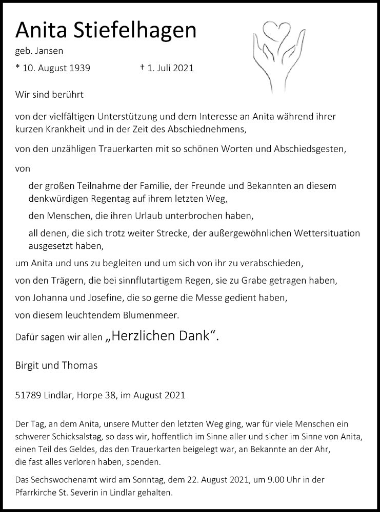  Traueranzeige für Anita Stiefelhagen vom 14.08.2021 aus Kölner Stadt-Anzeiger / Kölnische Rundschau / Express