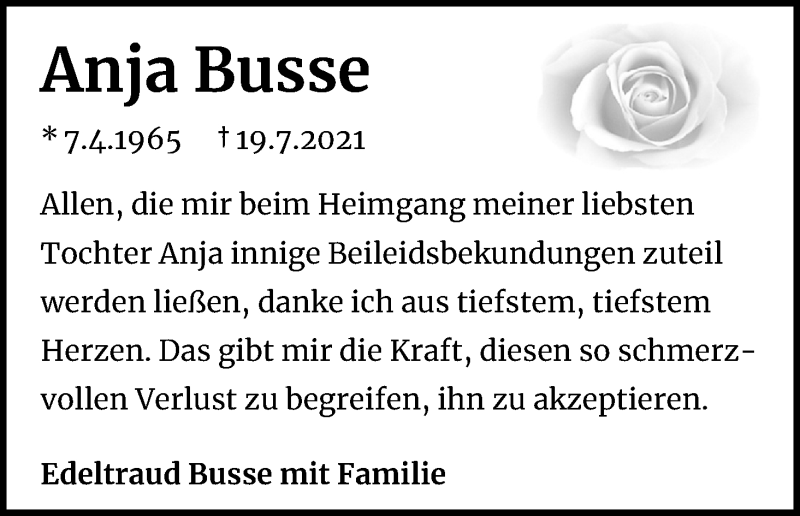  Traueranzeige für Anja Busse vom 07.08.2021 aus Kölner Stadt-Anzeiger / Kölnische Rundschau / Express