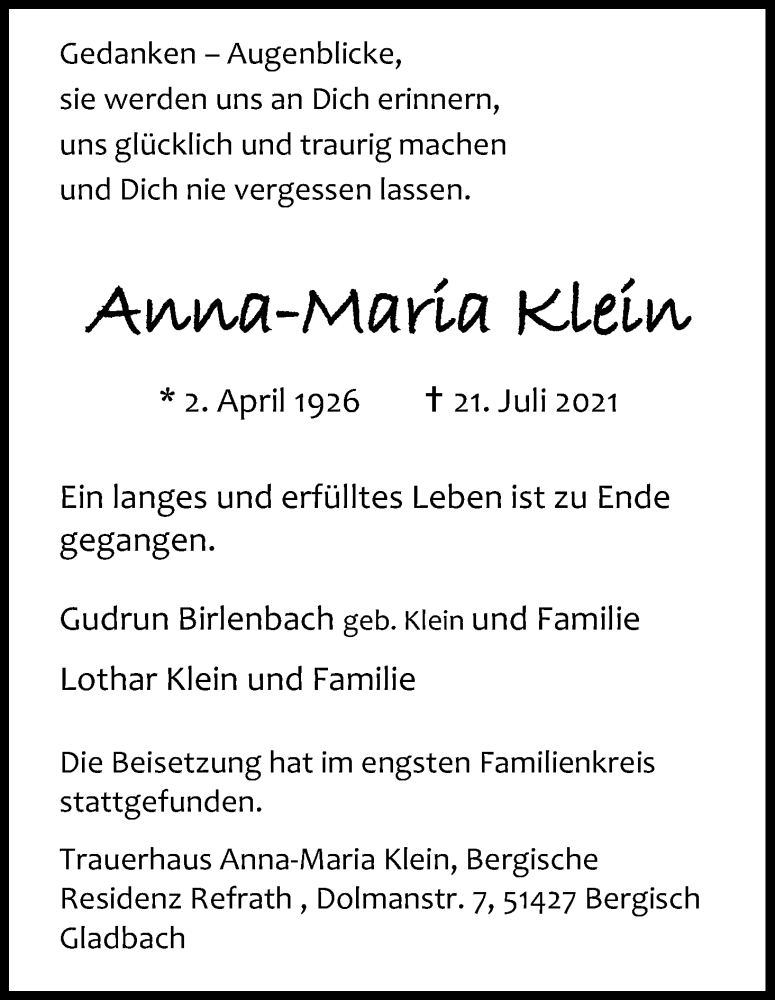  Traueranzeige für Anna-Maria Klein vom 14.08.2021 aus Kölner Stadt-Anzeiger / Kölnische Rundschau / Express