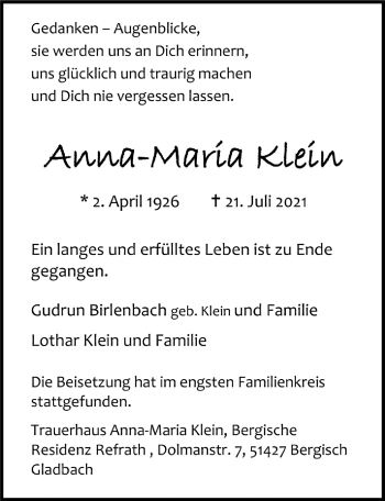 Anzeige von Anna-Maria Klein von  Bergisches Handelsblatt 