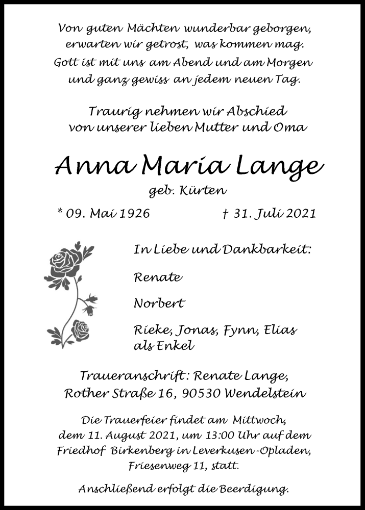  Traueranzeige für Anna Maria Lange vom 07.08.2021 aus Kölner Stadt-Anzeiger / Kölnische Rundschau / Express