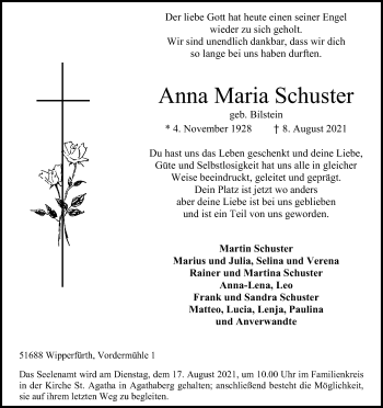 Anzeige von Anna Maria Schuster von Kölner Stadt-Anzeiger / Kölnische Rundschau / Express