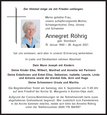 Anzeige von Annegret Röhrig von Kölner Stadt-Anzeiger / Kölnische Rundschau / Express
