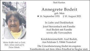 Anzeige von Annegrete Bodeit von Kölner Stadt-Anzeiger / Kölnische Rundschau / Express