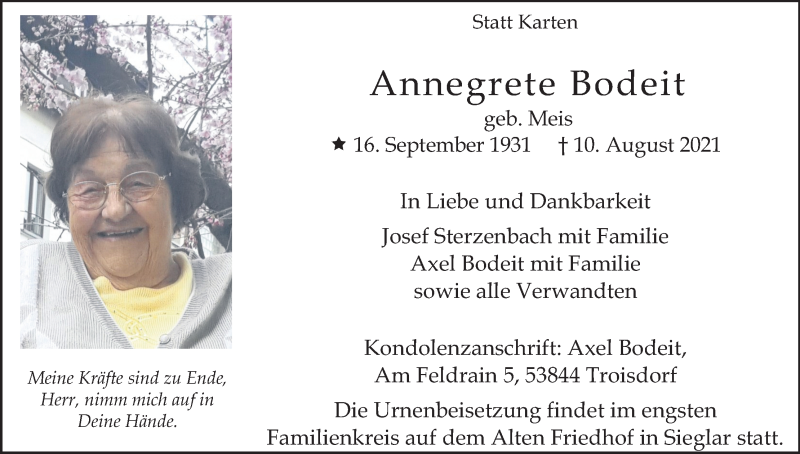  Traueranzeige für Annegrete Bodeit vom 21.08.2021 aus Kölner Stadt-Anzeiger / Kölnische Rundschau / Express