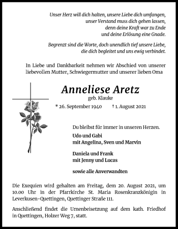 Anzeige von Anneliese Aretz von Kölner Stadt-Anzeiger / Kölnische Rundschau / Express