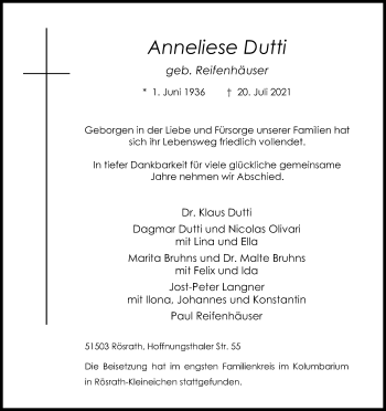 Anzeige von Anneliese Dutti von Kölner Stadt-Anzeiger / Kölnische Rundschau / Express