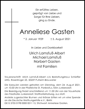 Anzeige von Anneliese Gasten von Kölner Stadt-Anzeiger / Kölnische Rundschau / Express