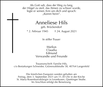 Anzeige von Anneliese Hils von Kölner Stadt-Anzeiger / Kölnische Rundschau / Express