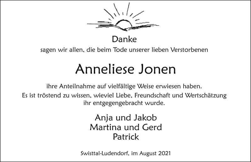  Traueranzeige für Anneliese Jonen vom 27.08.2021 aus  Schaufenster/Blickpunkt 