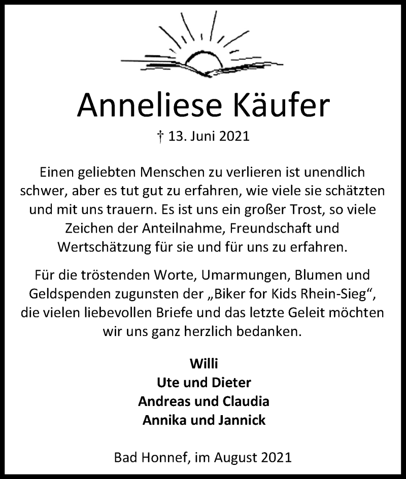  Traueranzeige für Anneliese Käufer vom 14.08.2021 aus Kölner Stadt-Anzeiger / Kölnische Rundschau / Express