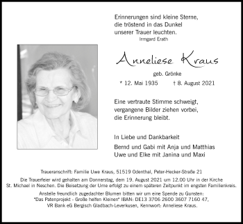 Anzeige von Anneliese Kraus von Kölner Stadt-Anzeiger / Kölnische Rundschau / Express