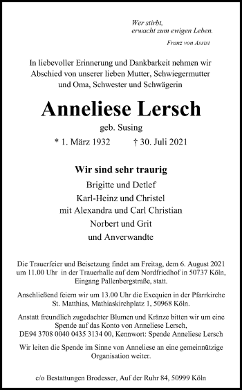 Anzeige von Anneliese Lersch von Kölner Stadt-Anzeiger / Kölnische Rundschau / Express