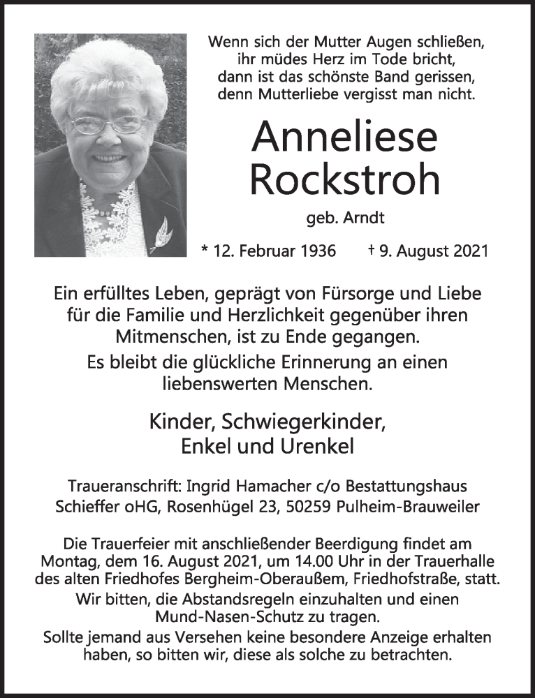  Traueranzeige für Anneliese Rockstroh vom 13.08.2021 aus  Werbepost 