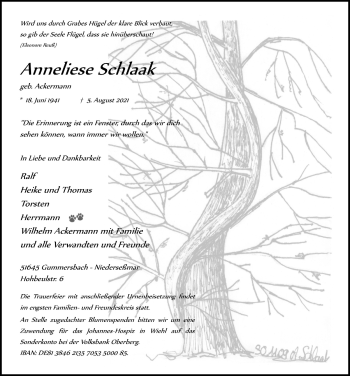 Anzeige von Anneliese Schlaak von  Anzeigen Echo 