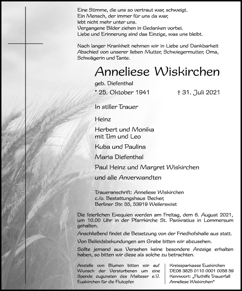  Traueranzeige für Anneliese Wiskirchen vom 04.08.2021 aus Kölner Stadt-Anzeiger / Kölnische Rundschau / Express