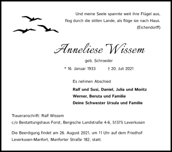 Anzeige von Anneliese Wissem von Kölner Stadt-Anzeiger / Kölnische Rundschau / Express