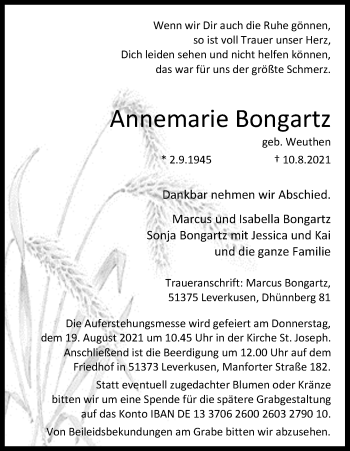Anzeige von Annemarie Bongartz von Kölner Stadt-Anzeiger / Kölnische Rundschau / Express