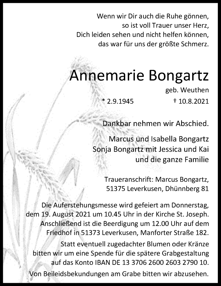  Traueranzeige für Annemarie Bongartz vom 14.08.2021 aus Kölner Stadt-Anzeiger / Kölnische Rundschau / Express