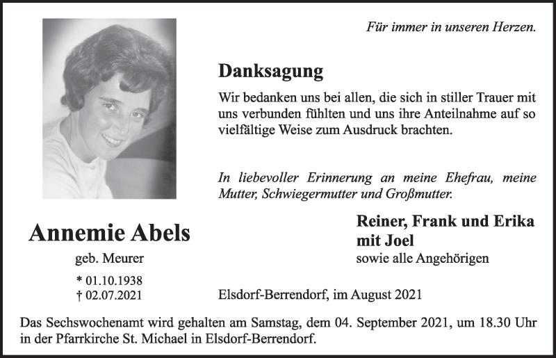  Traueranzeige für Annemie Abels vom 27.08.2021 aus  Werbepost 