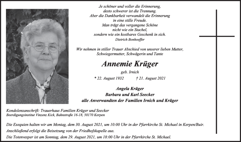  Traueranzeige für Annemie Krüger vom 27.08.2021 aus  Werbepost 