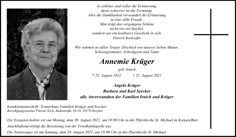  Traueranzeige für Annemie Krüger vom 28.08.2021 aus Kölner Stadt-Anzeiger / Kölnische Rundschau / Express