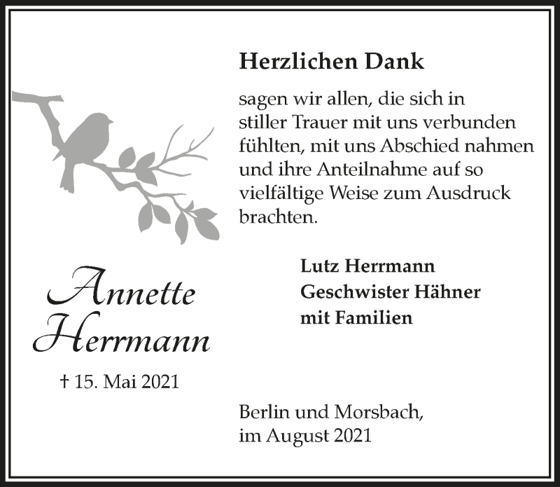  Traueranzeige für Annette Herrmann vom 13.08.2021 aus  Lokalanzeiger 